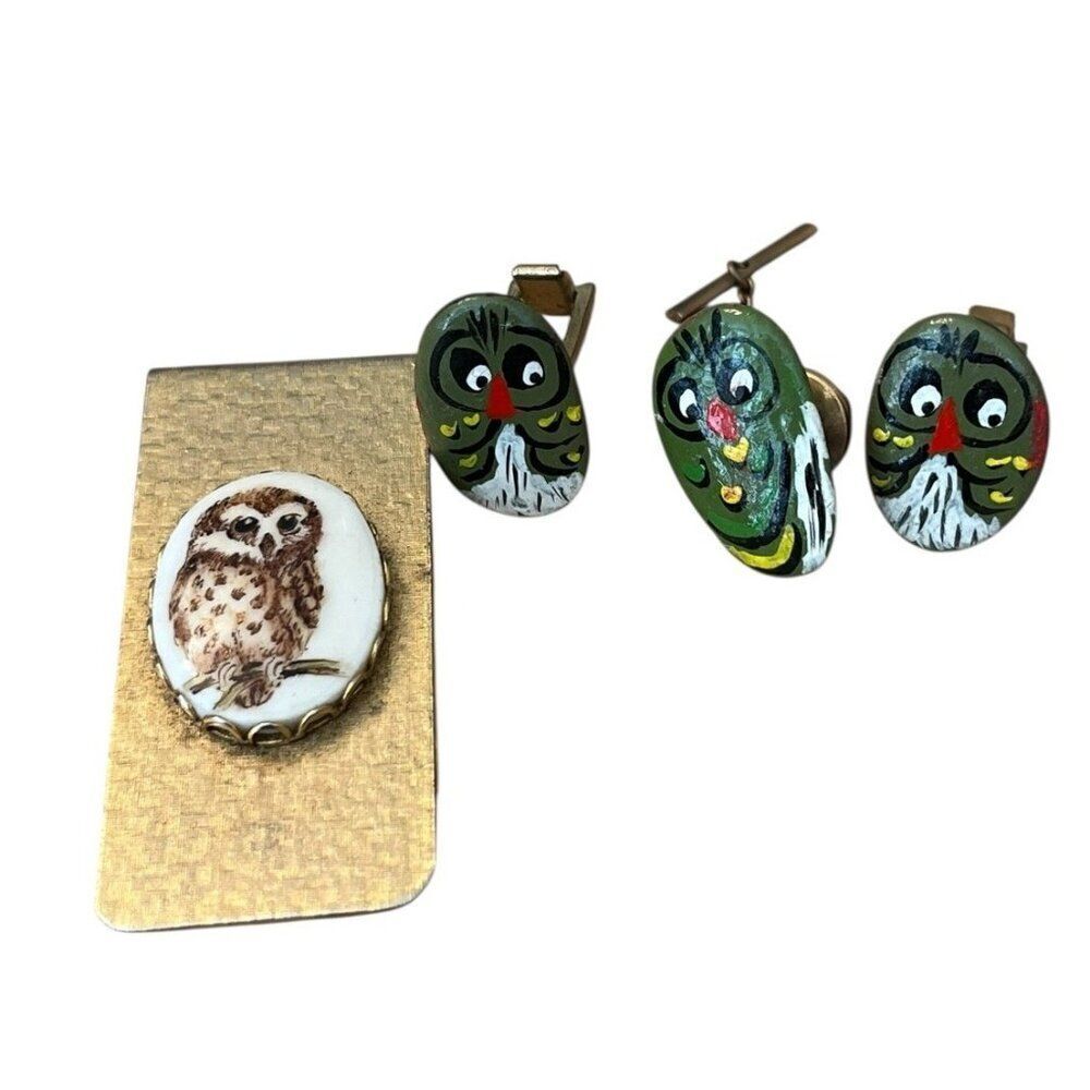 Vtg Hand Painted Owl Cuff Links Tie Pin and Metal Money Clip Set Lot